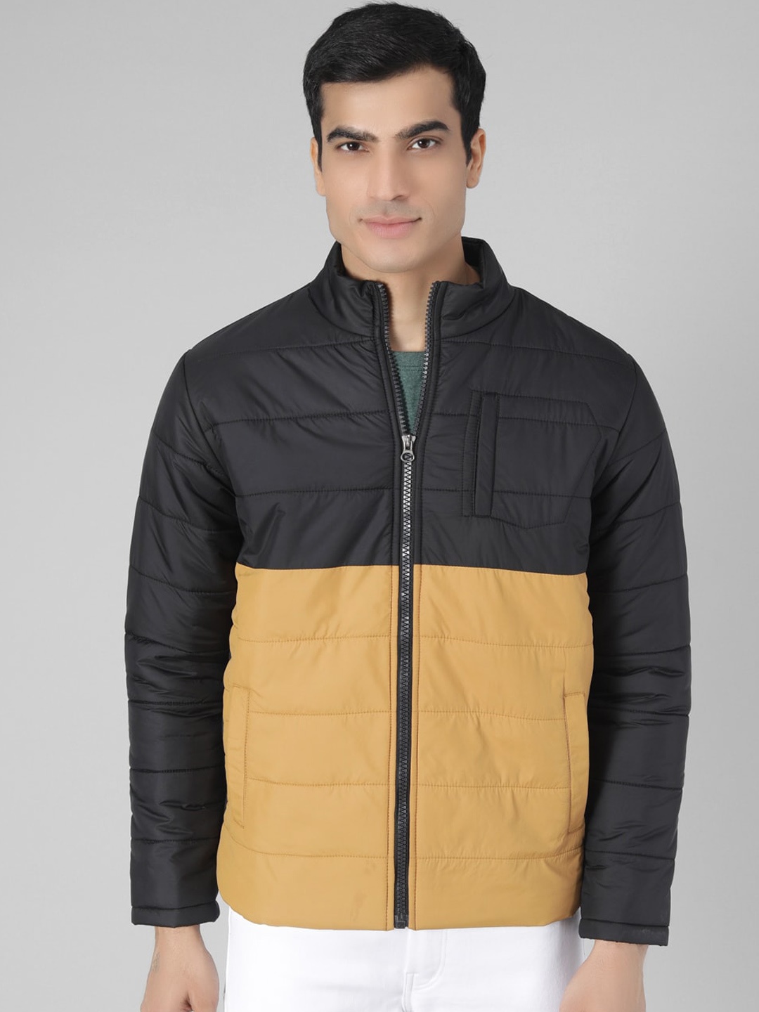 

Kotty Men Yellow & Black Colourblocked Puffer Jacket