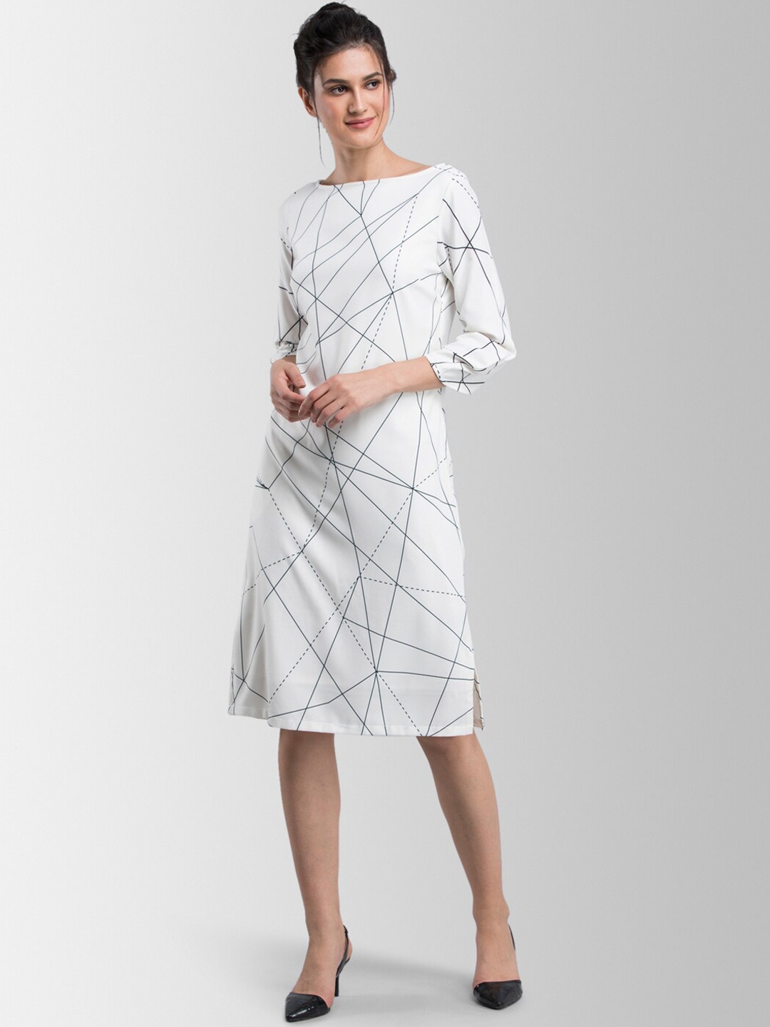 

FableStreet Women White Checked A-Line Dress