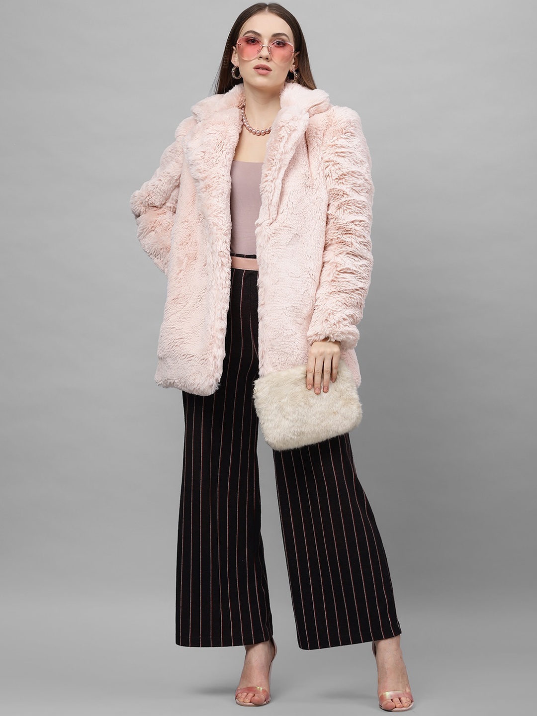 

Athena Women Pink Solid Faux Fur Trim Overcoat