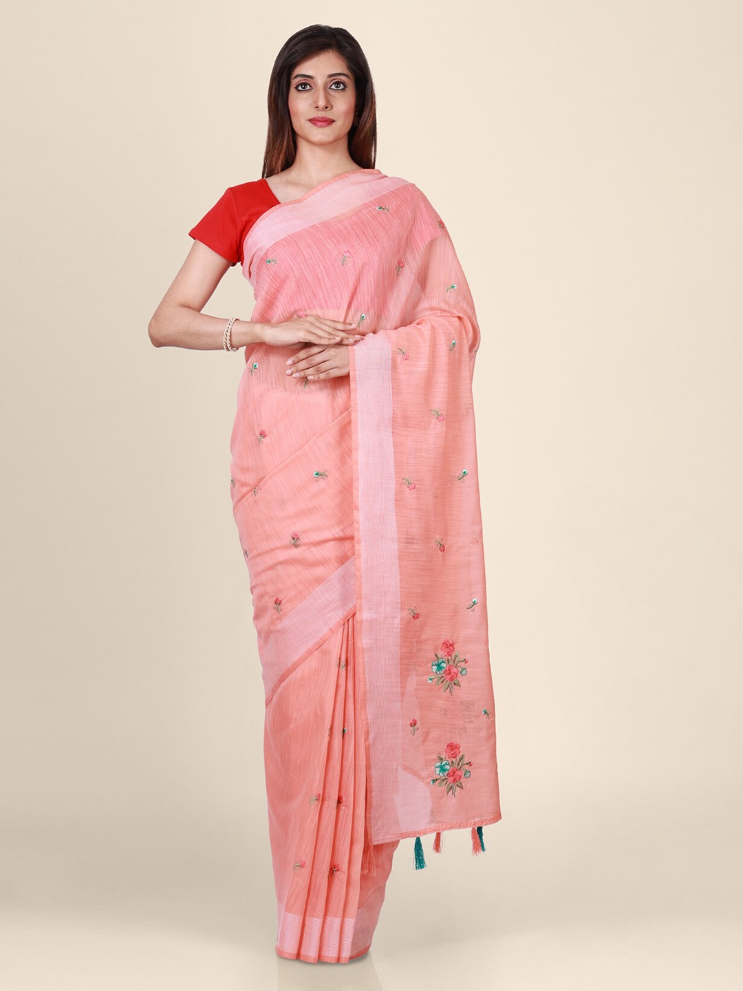

CLAI WORLD Pink Handloom Woven Design Linen Blend Saree