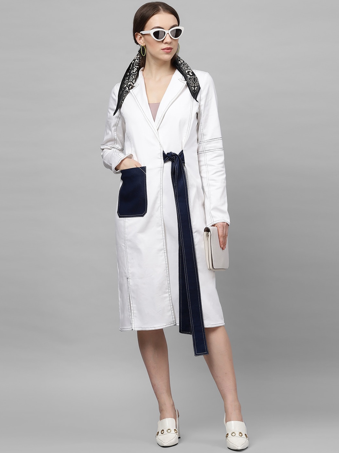 Athena Women White & Blue Colorblock Longline Wrap Coat