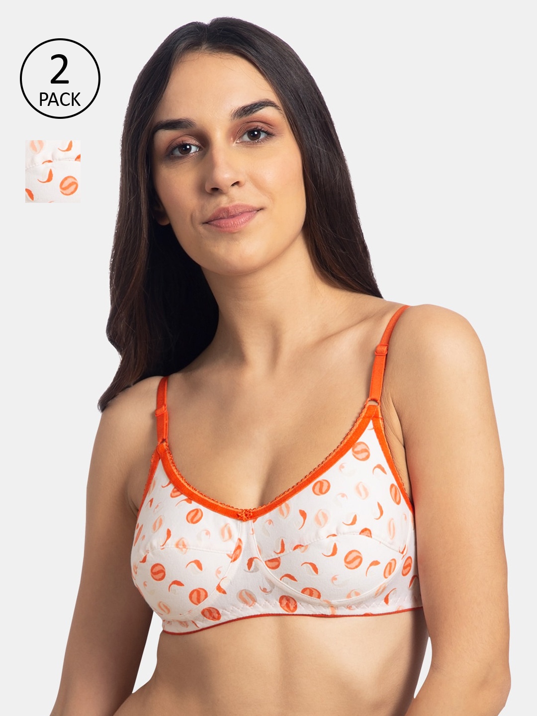 

KOMLI Pack of 2 White & Orange Printed Non-Wired Non Padded T-shirt Bras K-126