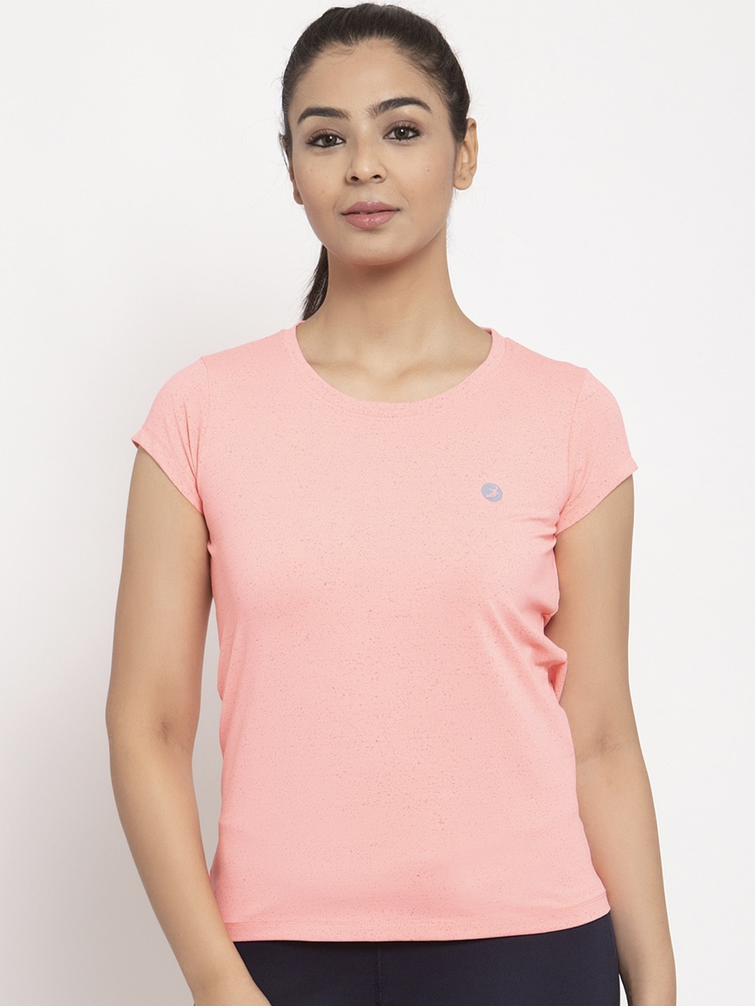 

BUKKUM Women Peach-Coloured Solid Round Neck T-shirt, Pink