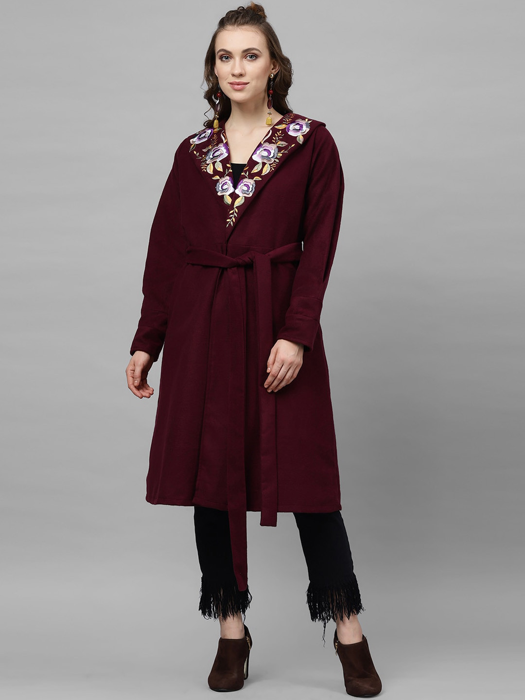 

Athena Women Burgundy Solid Longline Overcoat
