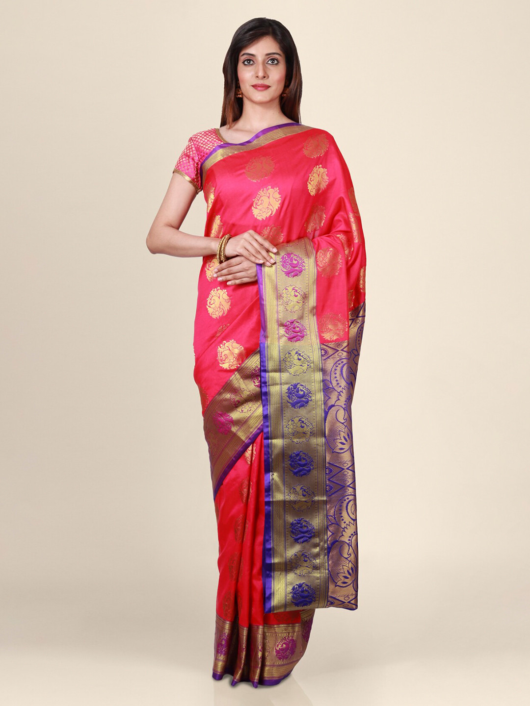

CLAI WORLD Pink & Blue Silk Blend Woven Design Saree