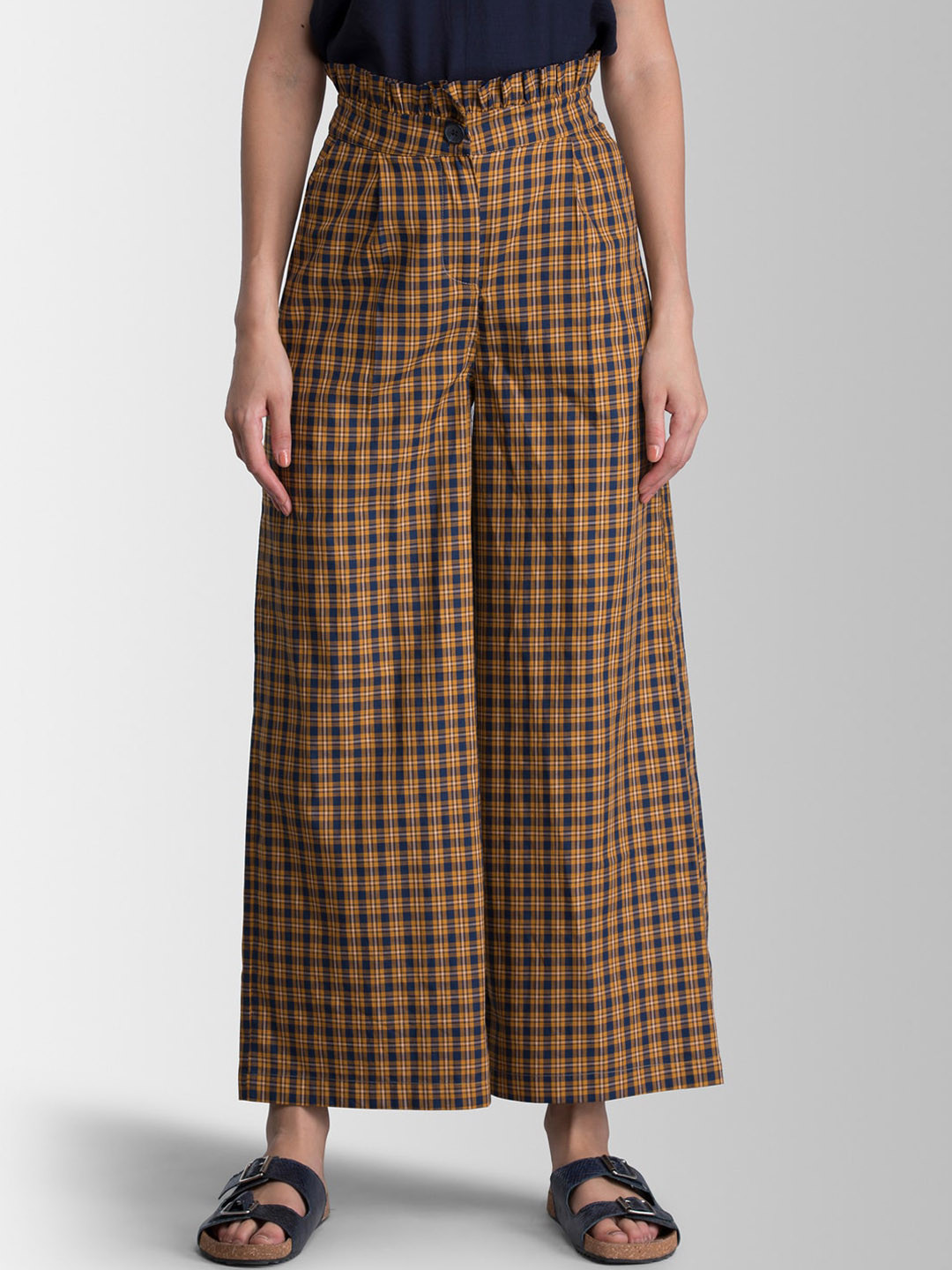 

FableStreet Women Mustard Yellow & Navy Blue Flared Checked Parallel Trousers