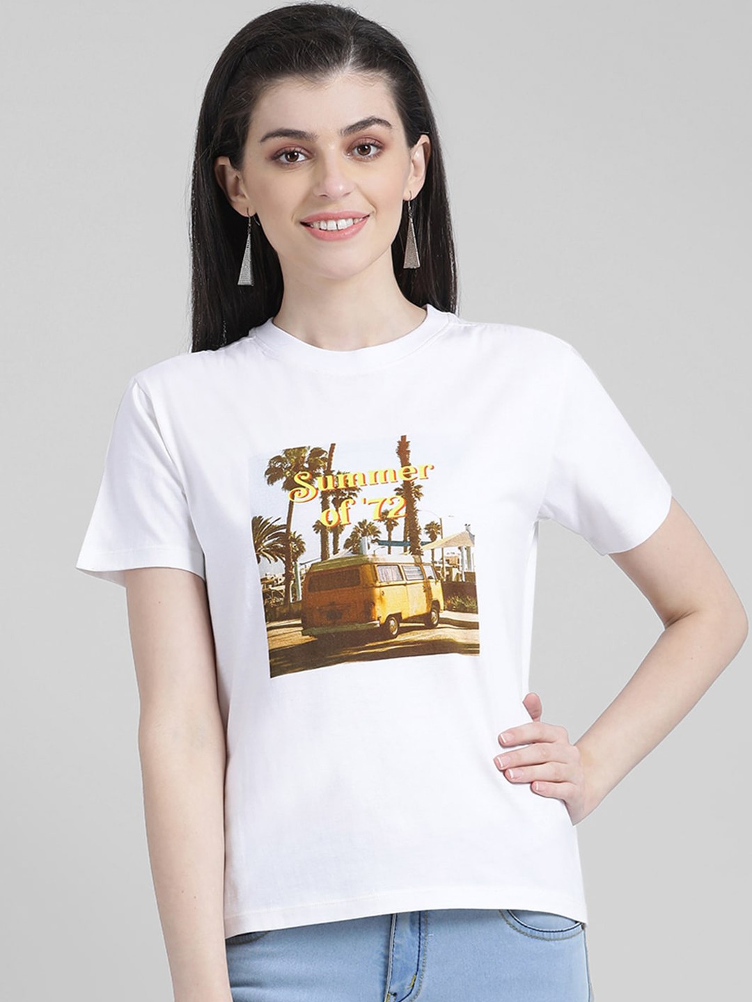 

Zink London Women White Printed Round Neck Cotton Pure Cotton T-shirt