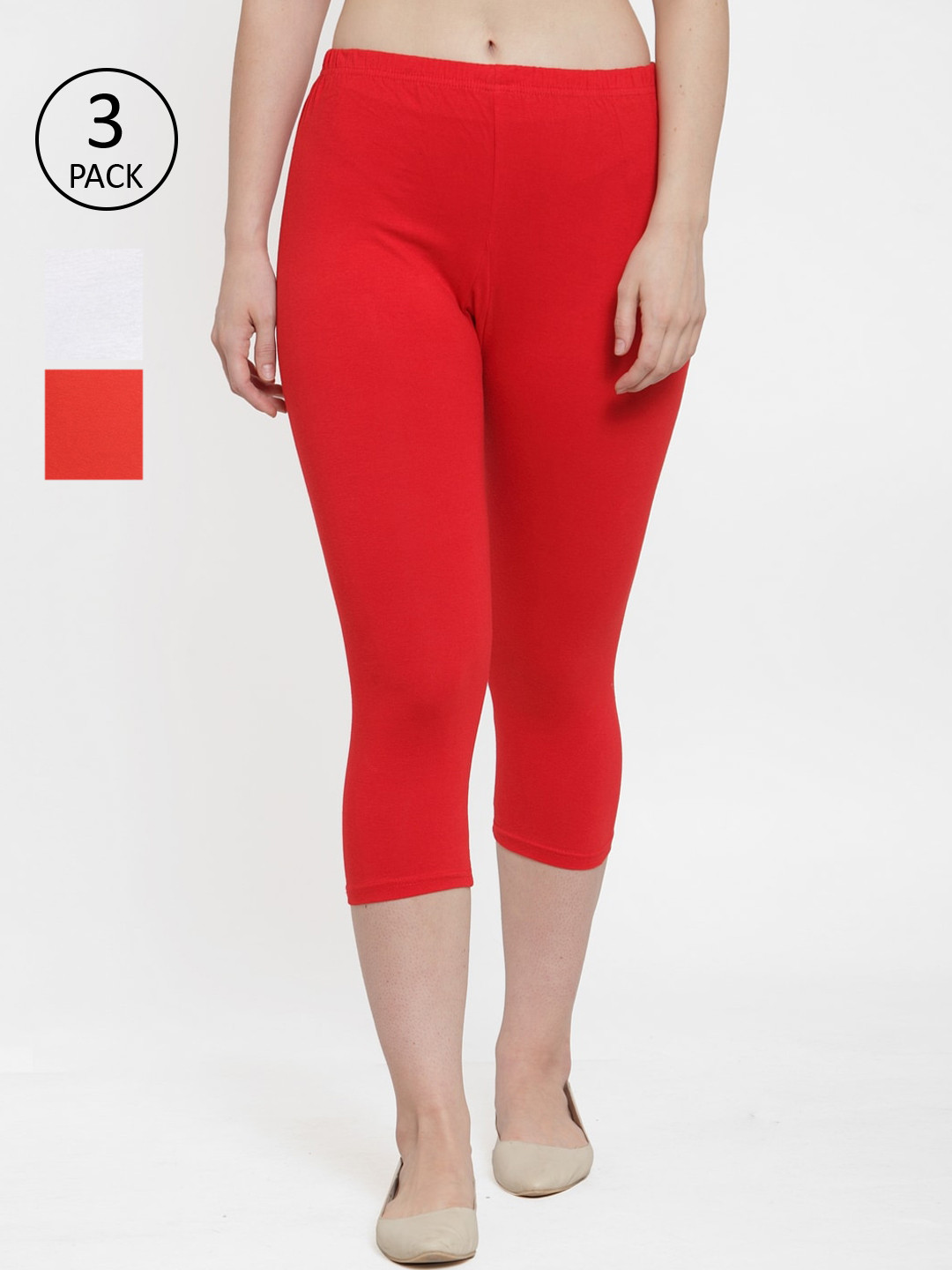 

GRACIT Women White & Red Pack of 3 Solid Skinny Fit Capris