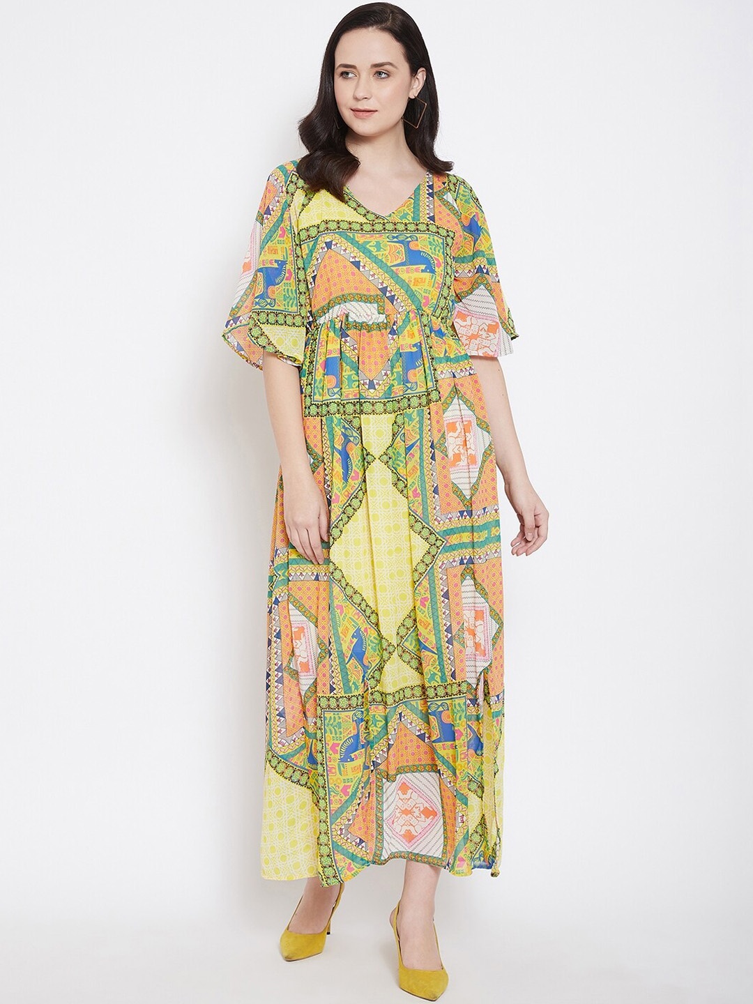 

Ruhaans Women Yellow & Green Geometric Print Maxi Dress