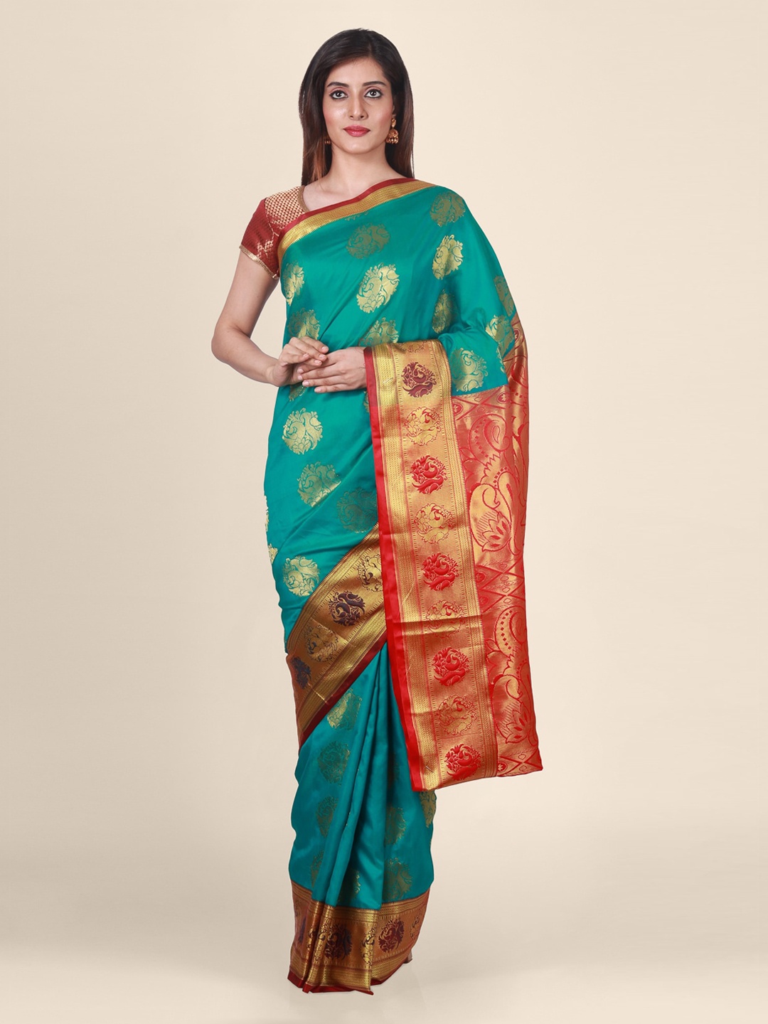 CLAI WORLD Blue & Red Handloom Silk Blend Woven Design Saree
