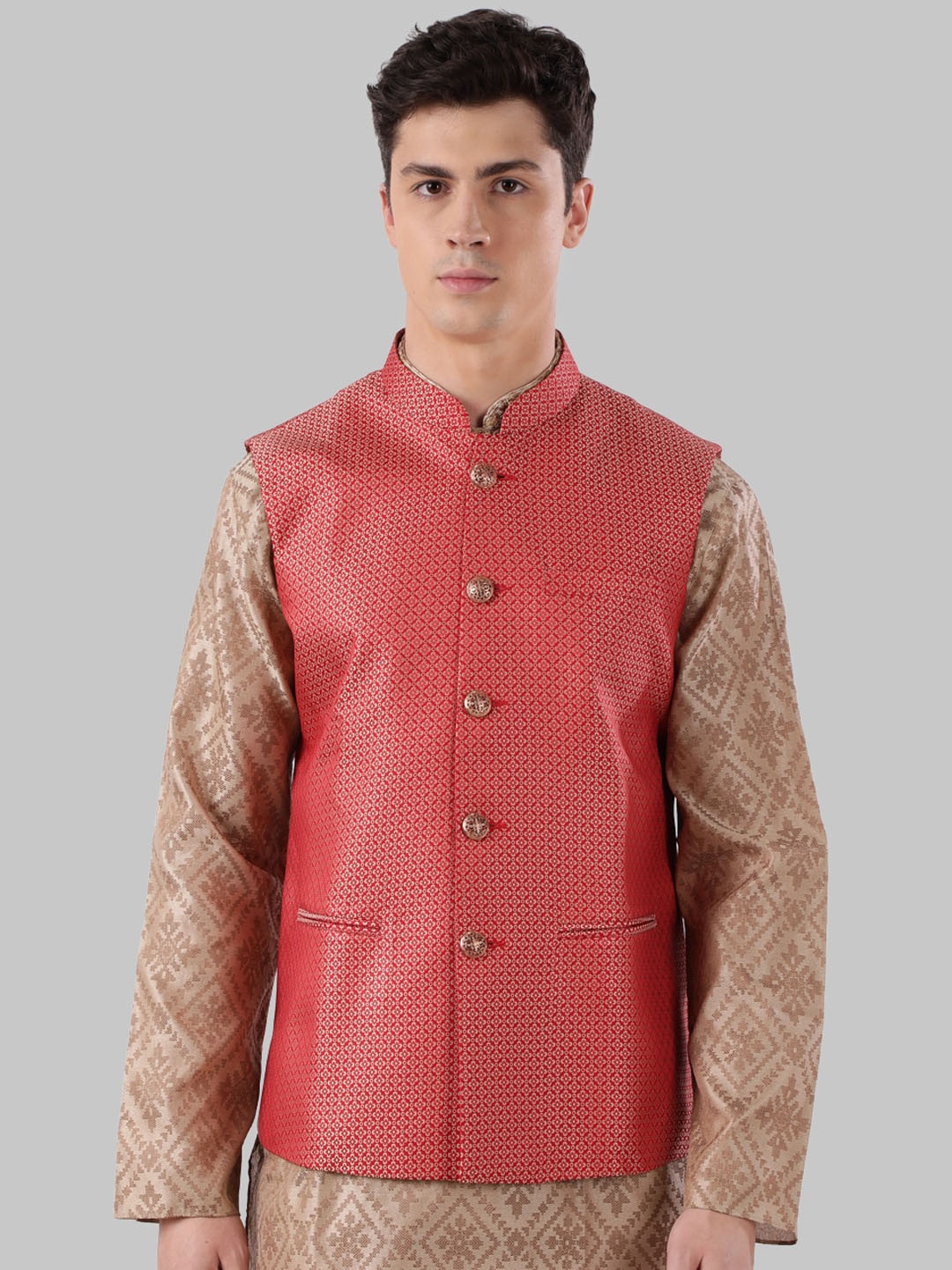 

Ethnix by Raymond Men Rust Red Woven Design Nehru Jacket