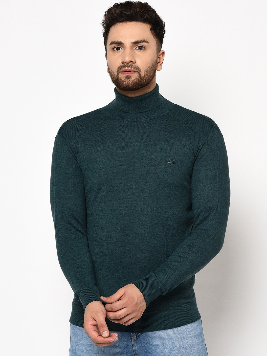 

98 Degree North Men Green Solid Pullover Sweater