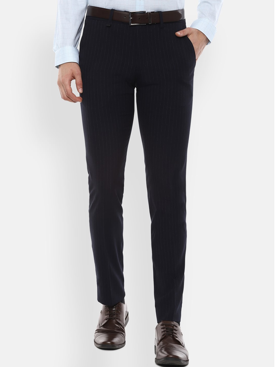 

Van Heusen Men Navy Blue Slim Fit Striped Formal Trousers