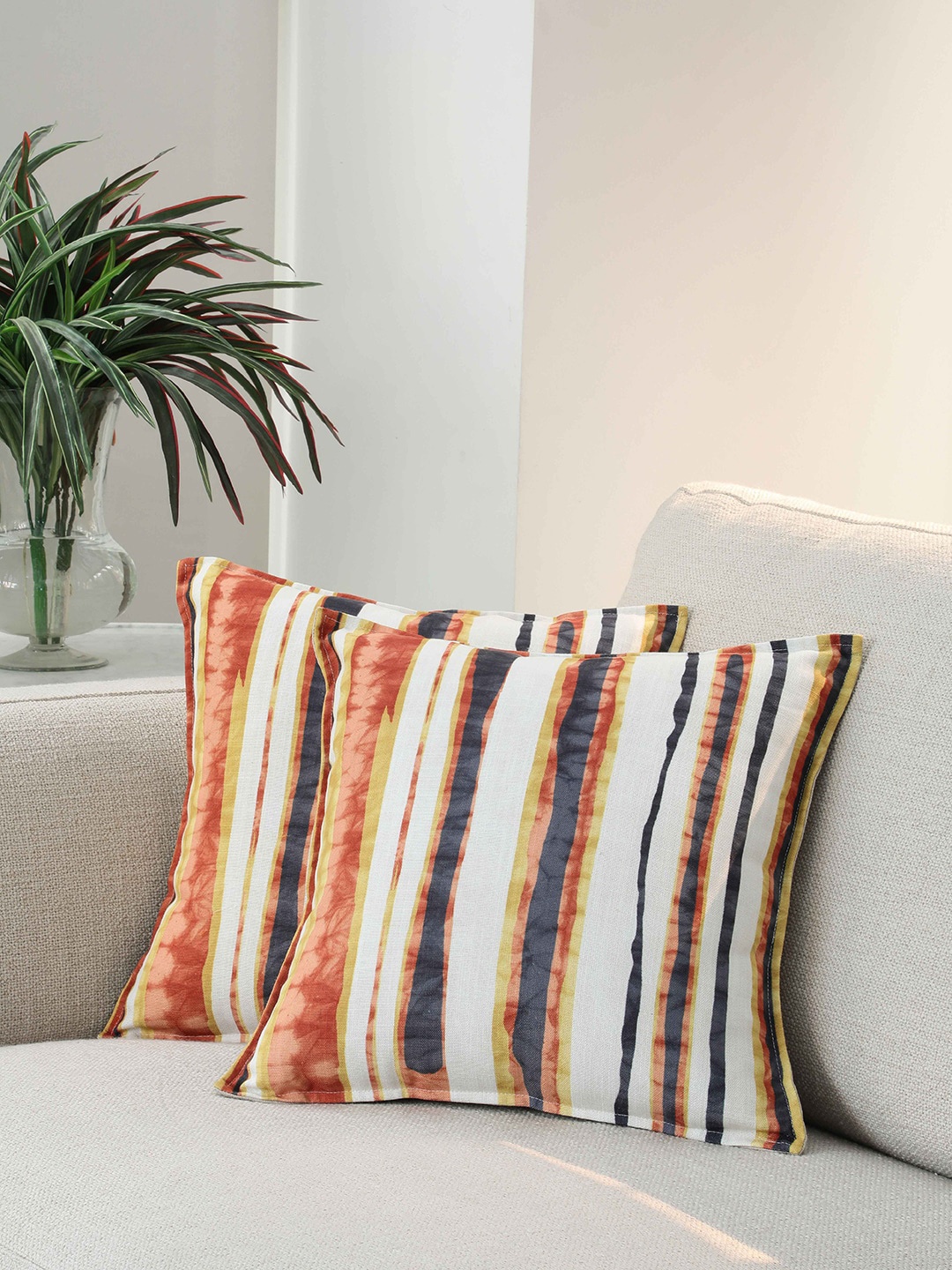 

BLUE BOAT Blue & Orange Set of 2 Striped Square Cushion Covers