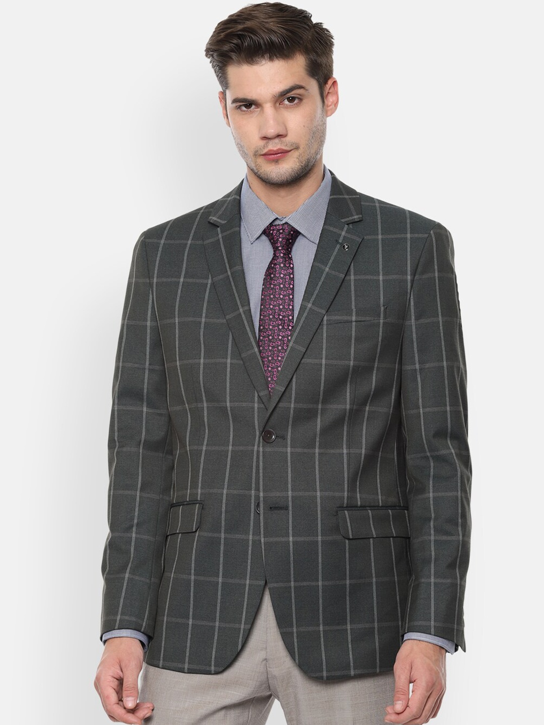 

Van Heusen Men Grey Checked Slim-Fit Single-Breasted Formal Blazer