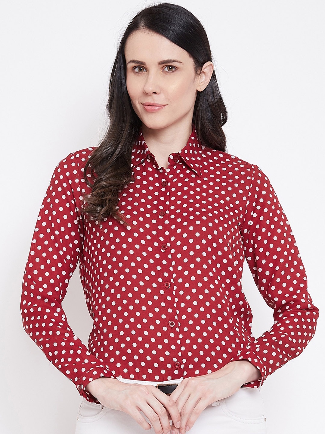 

PURYS Women Maroon & White Regular Fit Printed Casual Shirt