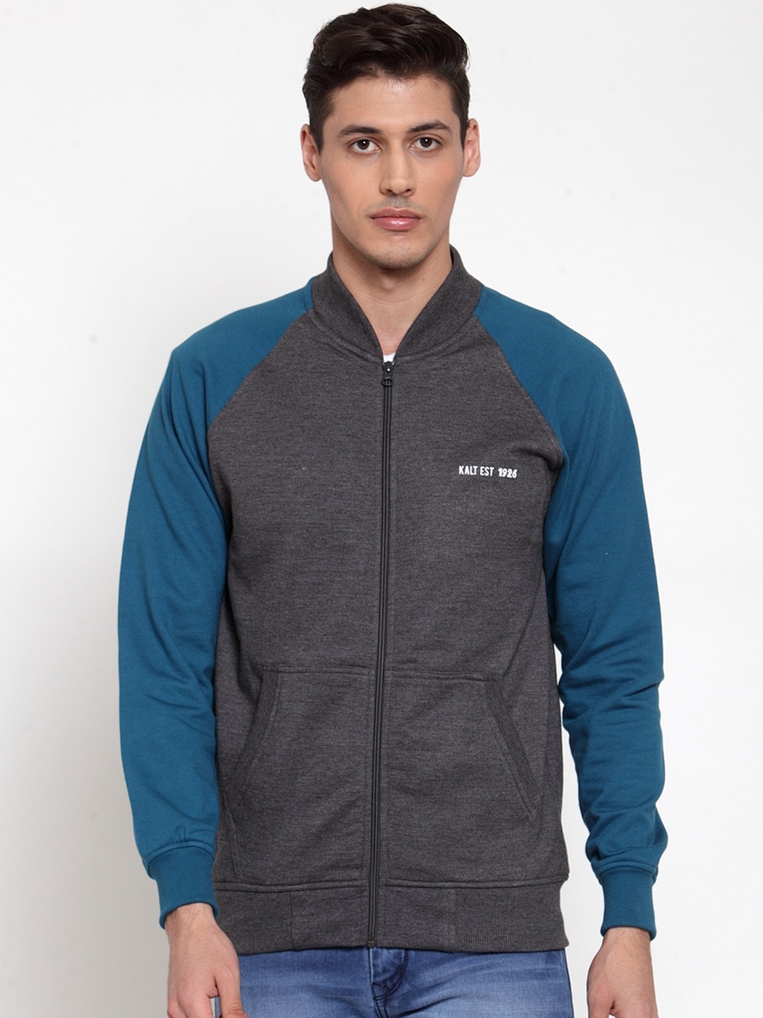 

Kalt Men Charcoal & Blue Colourblocked Bomber