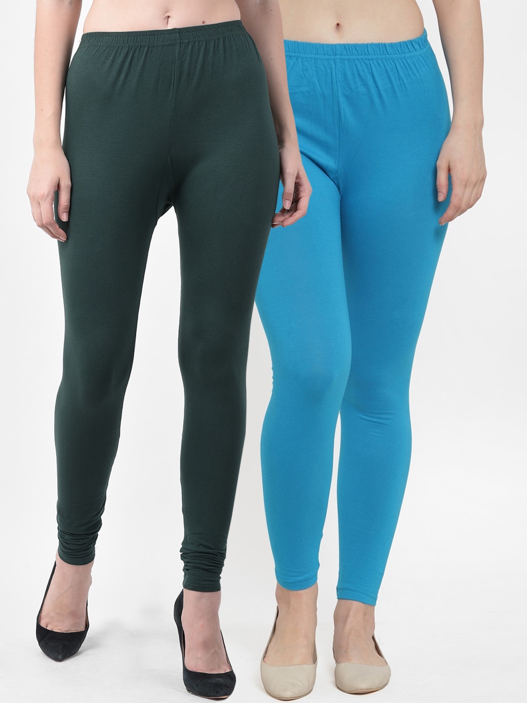 

GRACIT Women Pack Of 2 Green & Blue Solid Churidhar Length Leggings