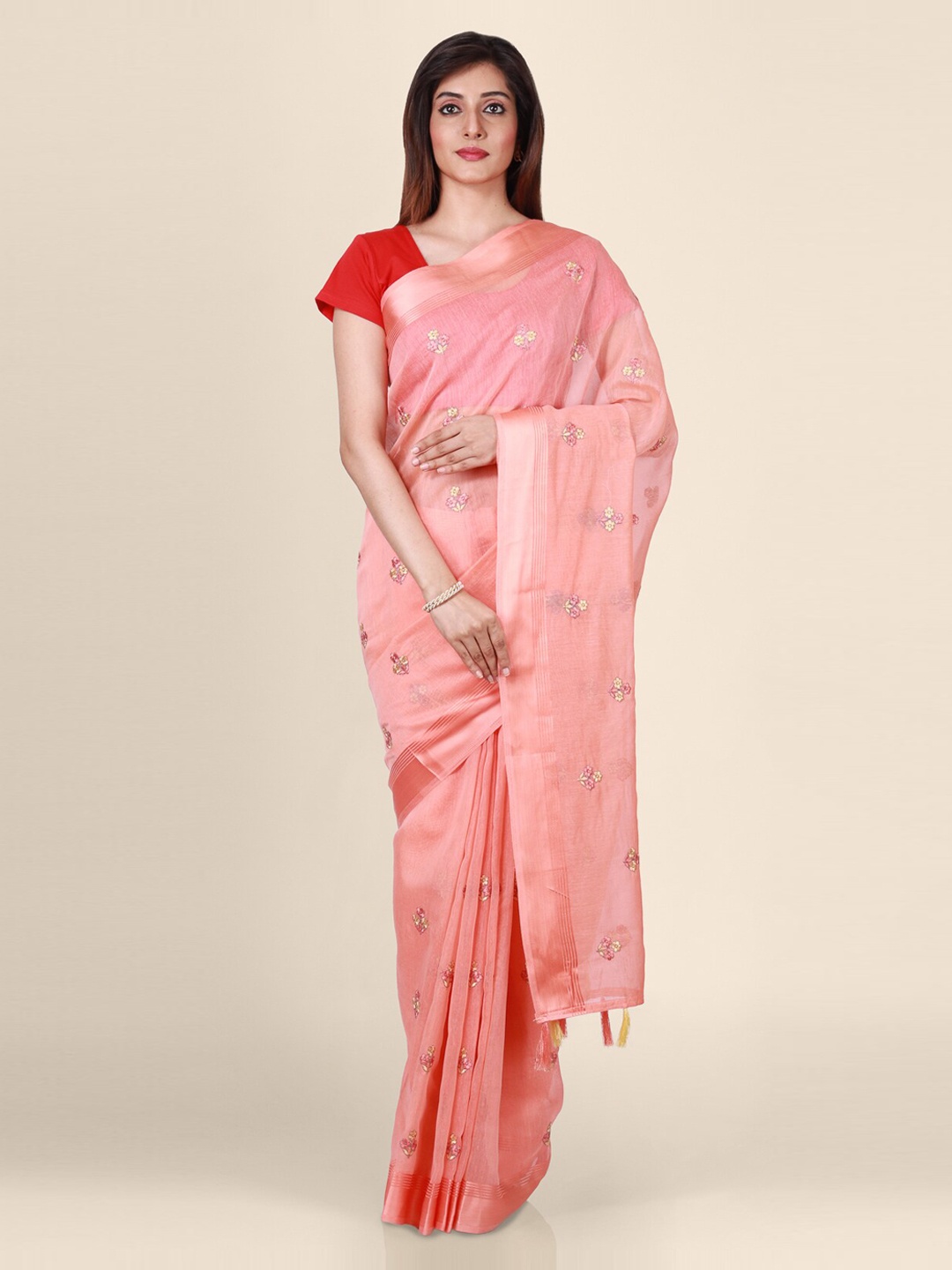 

CLAI WORLD Pink & Yellow Linen Blend Embroidered Handloom Saree