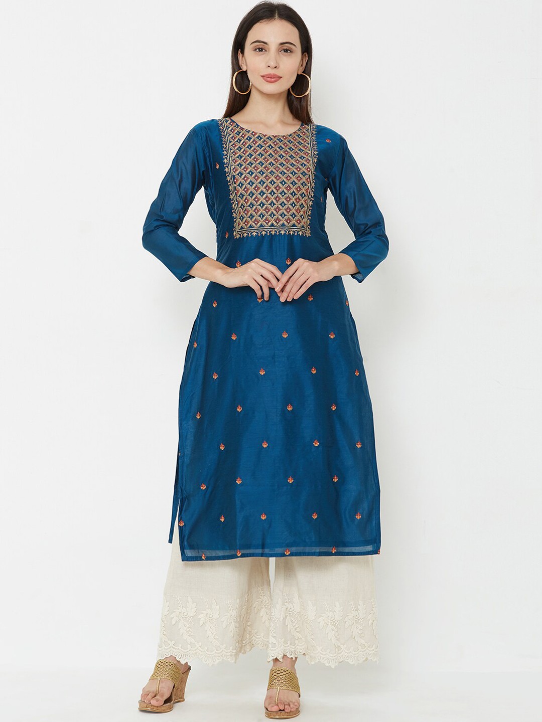 

FASHOR Women Teal Blue Embroidered Straight Kurta