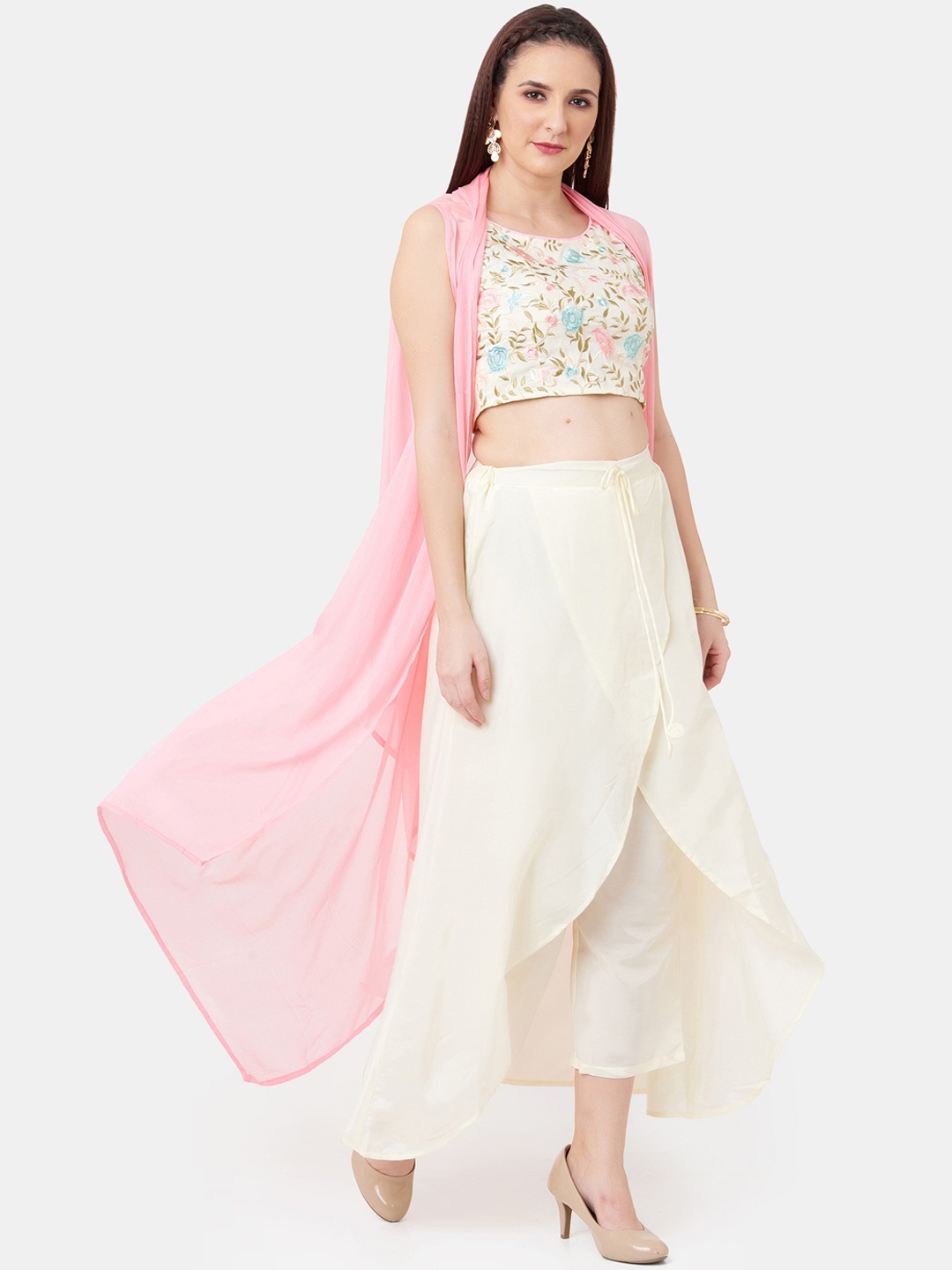 

IMARA Women Cream-Coloured & Pink Solid Top With Trousers & Jacket