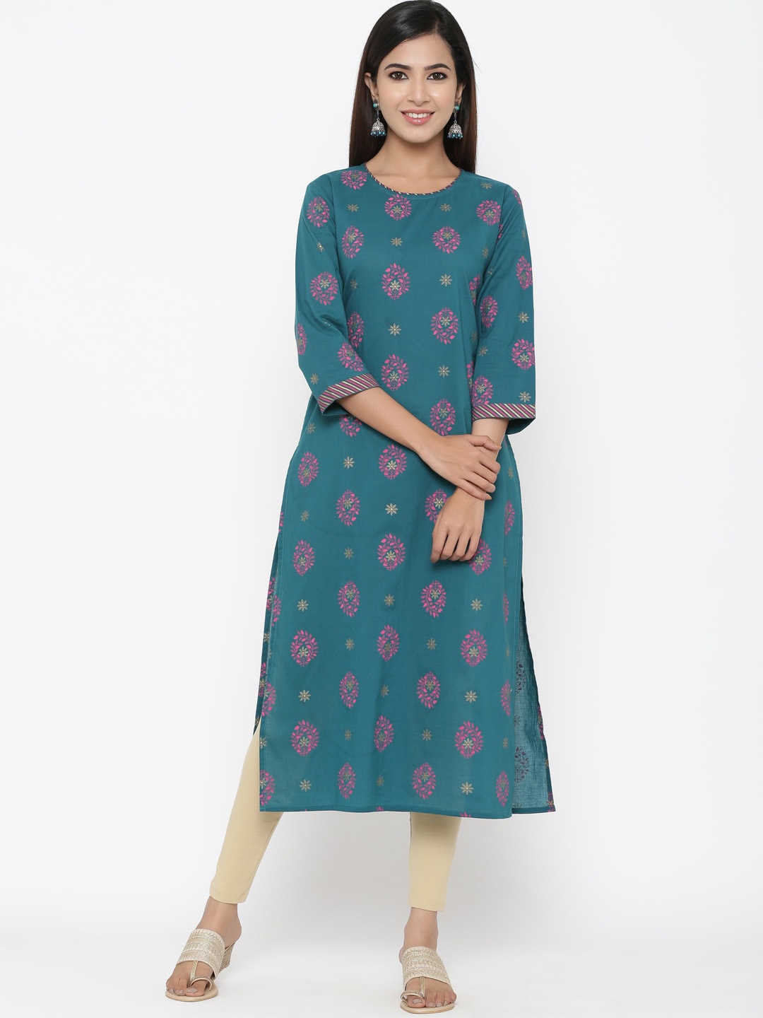 

Maaesa Women Teal Green & Pink Printed A-Line Kurta