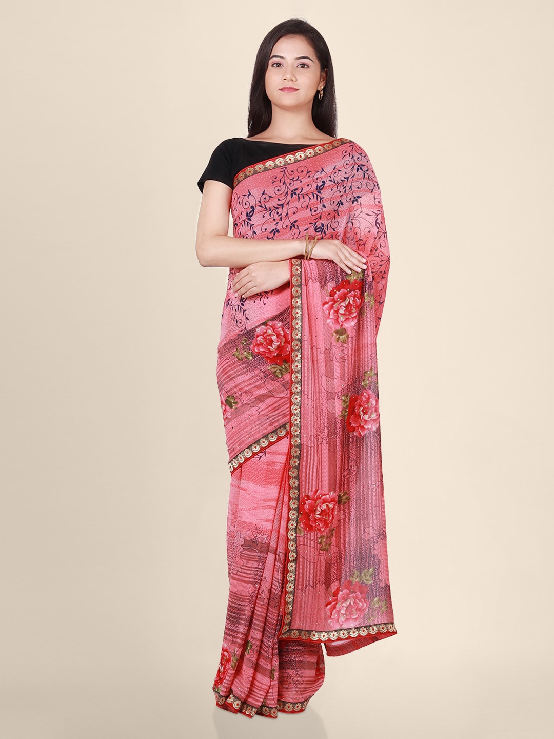 CLAI WORLD Pink Printed Poly Georgette Handloom Saree