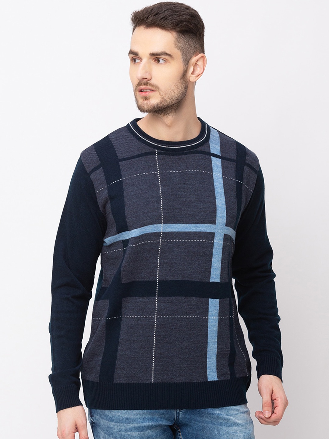 

Globus Men Navy Blue Checked Pullover Sweater