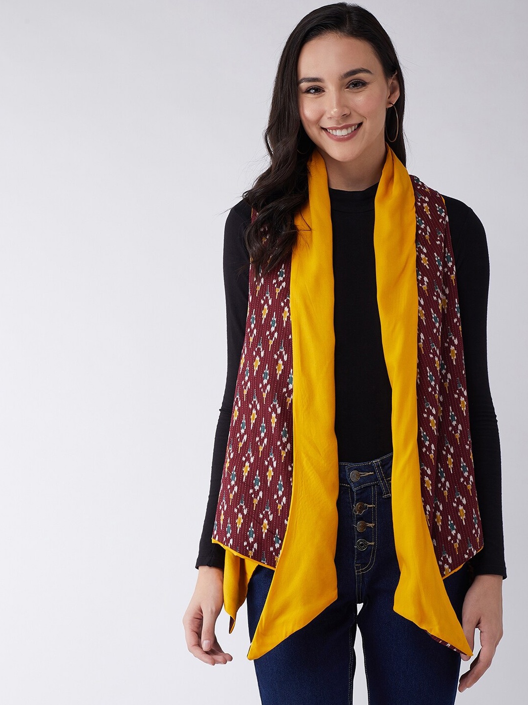 

InWeave Women Brown & Yellow Printed Open Front Reversible Fusion Shrug