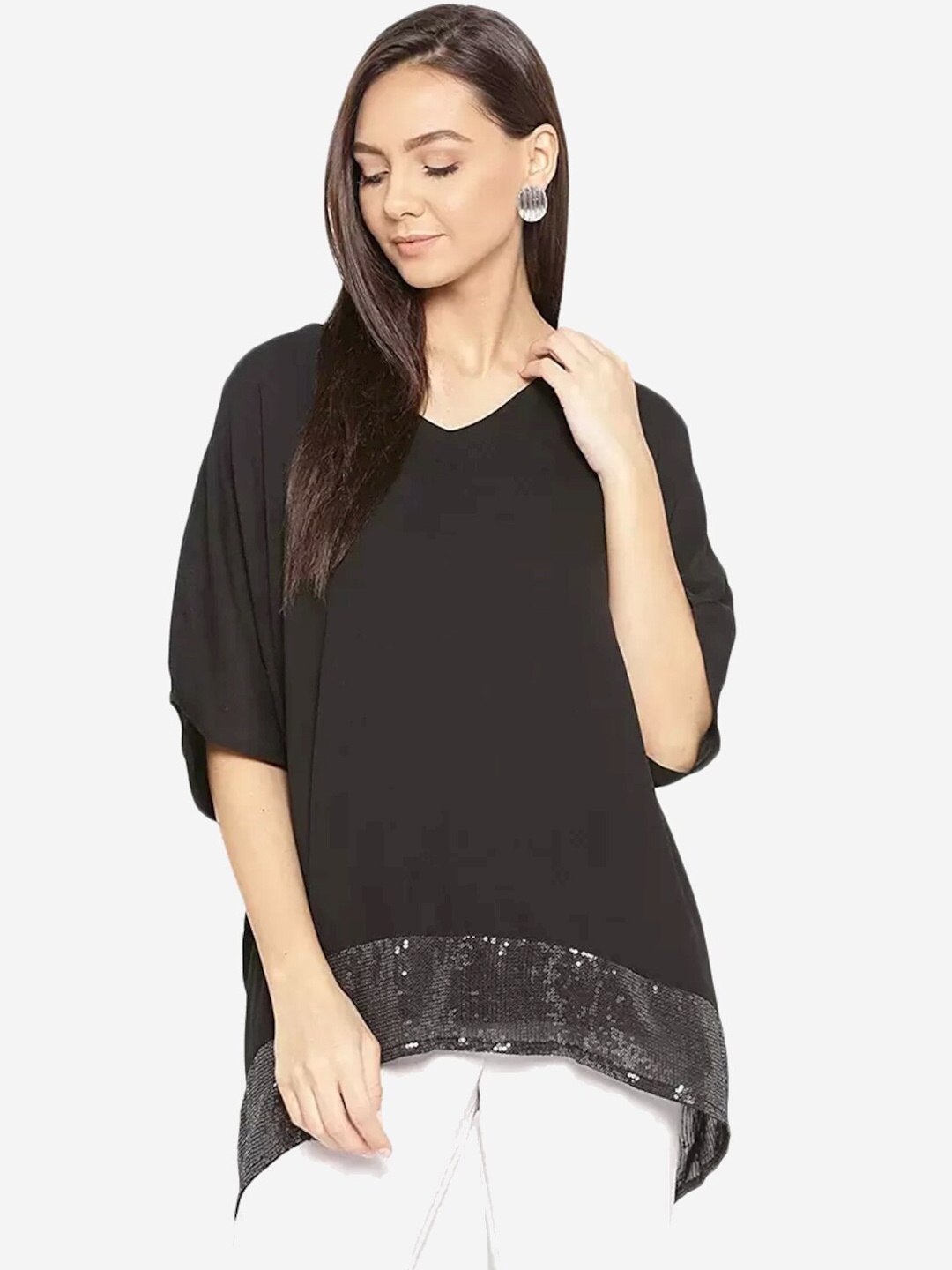 

Porsorte Women Black Solid Sequinned Shimmer Hemline Kaftan Top
