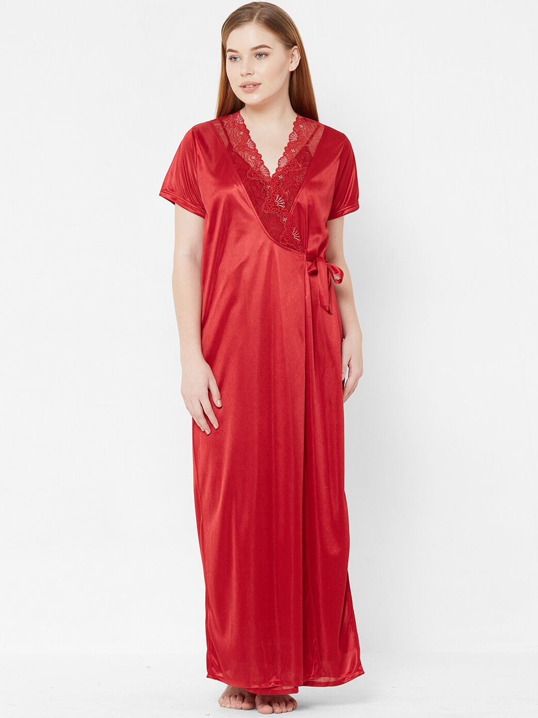 

FashionRack Maroon Solid Nightdress With Robe