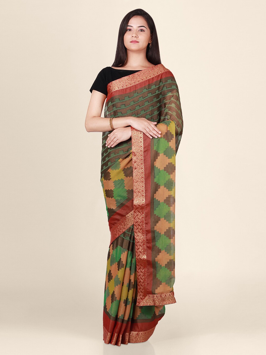 CLAI WORLD Green & Red Poly Georgette Handloom Printed Saree