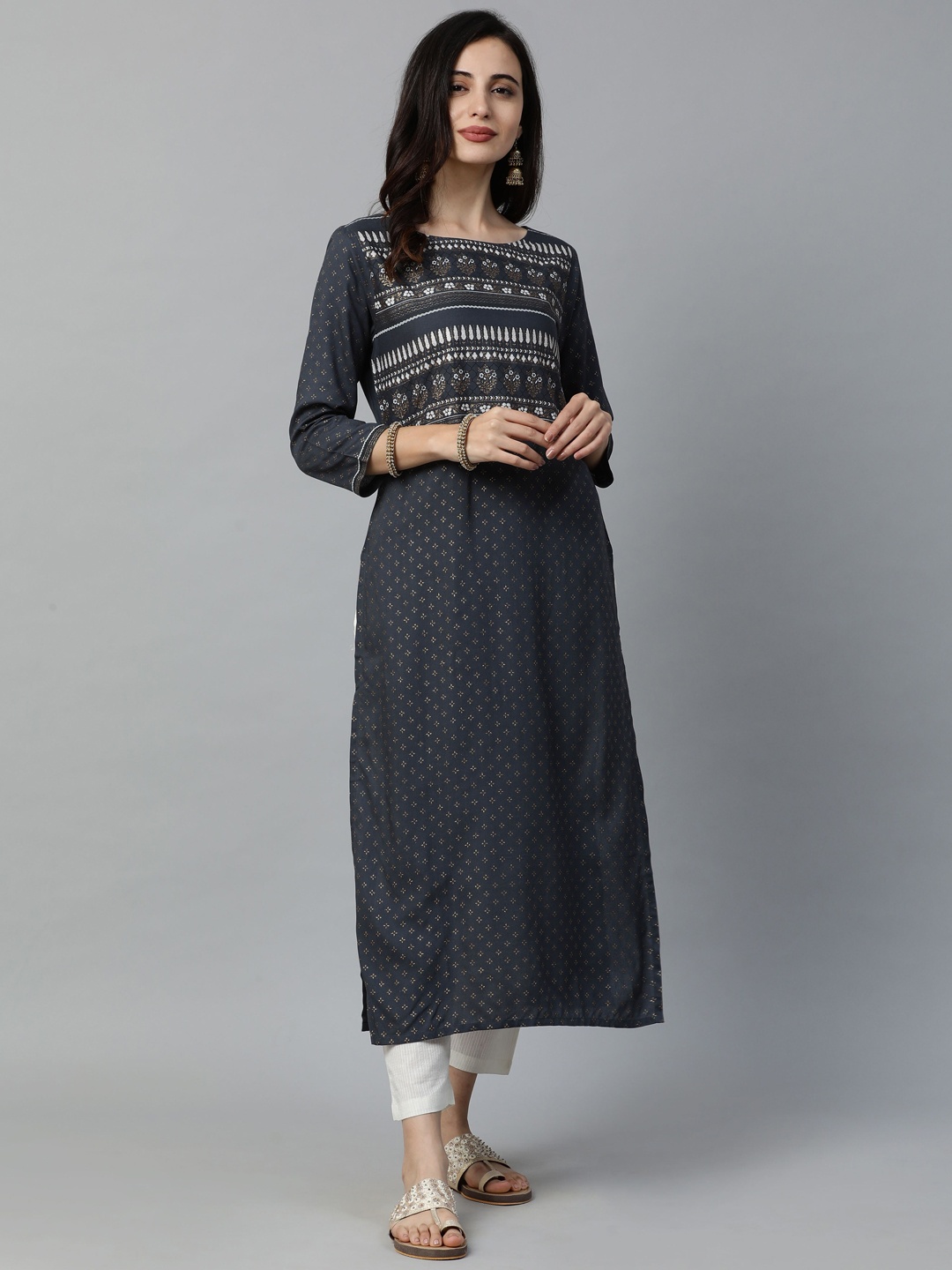 

Indo Era Women Grey & Gold-Toned Printed Straight Kurta