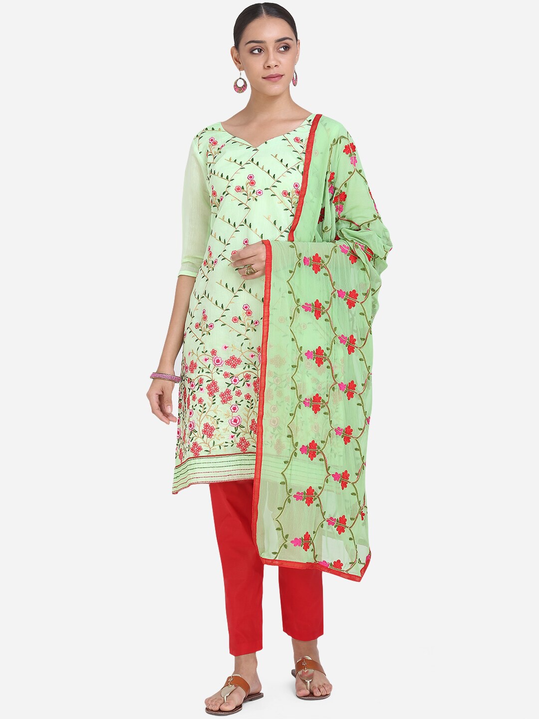 

Ethnic Junction Lime Green & Red Cotton Blend Unstitched Dress Material