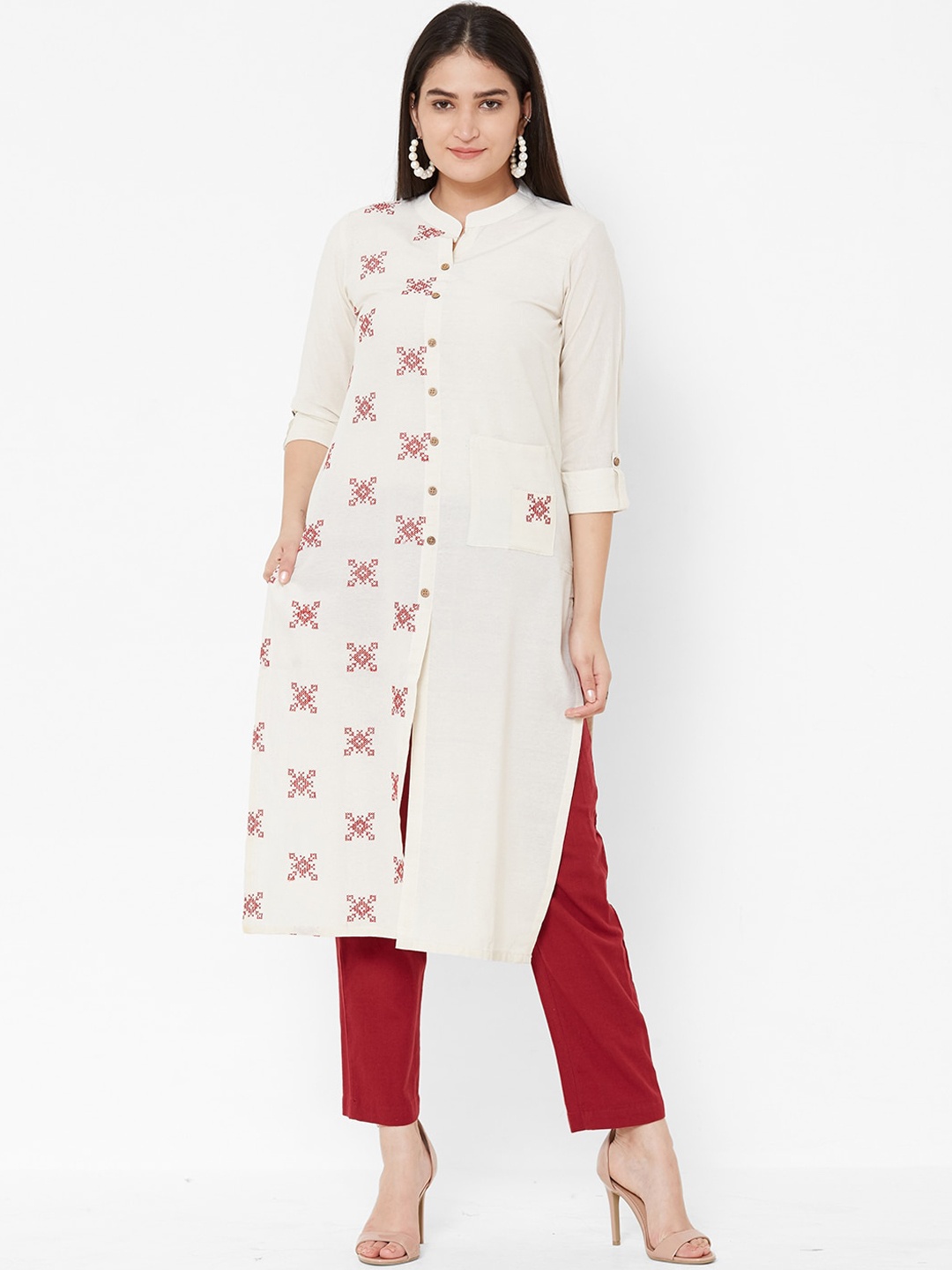 

Vedic Women Off-White & Red Printed Straight Kurta