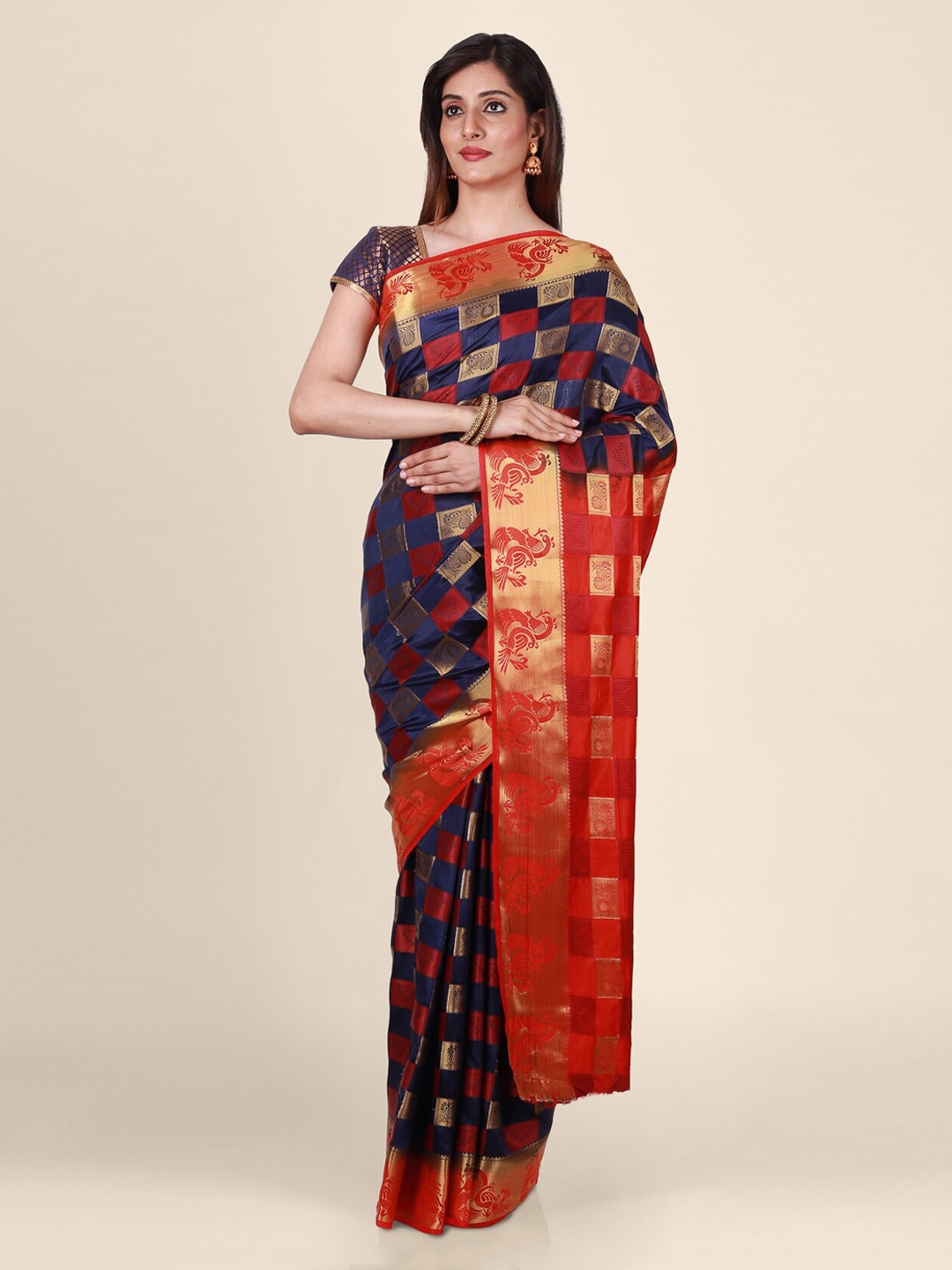 

CLAI WORLD Navy Blue & Red Silk Blend Handloom Woven Design Saree