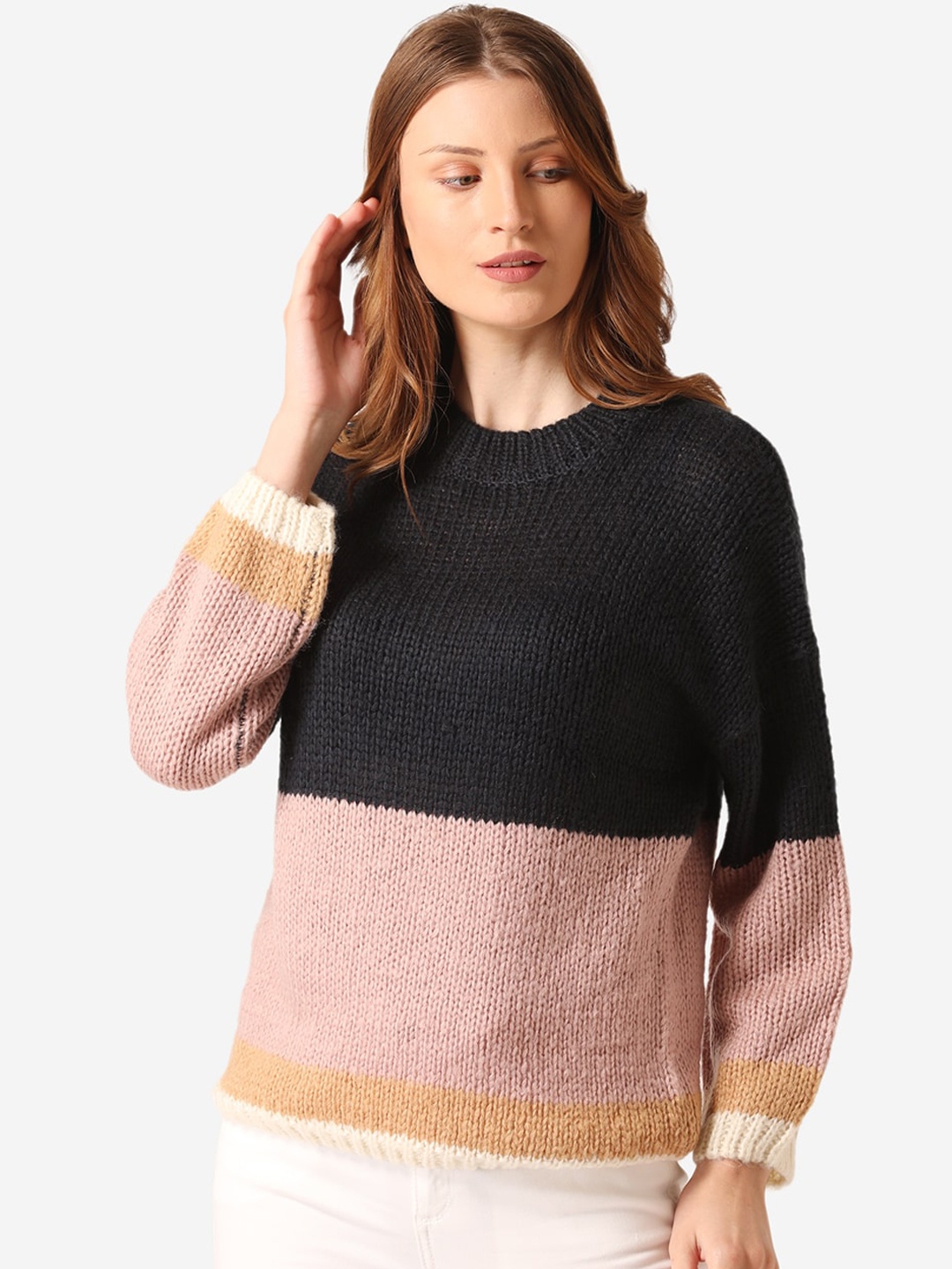 

Mode by Red Tape Women Pink & Black Colourblocked Pullover Sweater