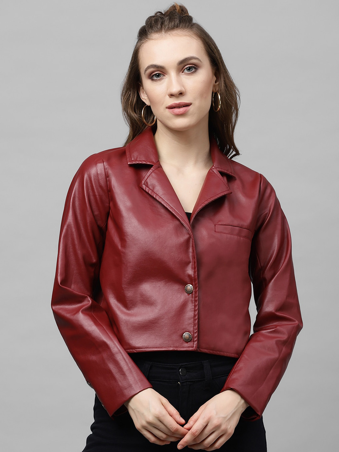 

Athena Women Maroon Solid Biker Jacket