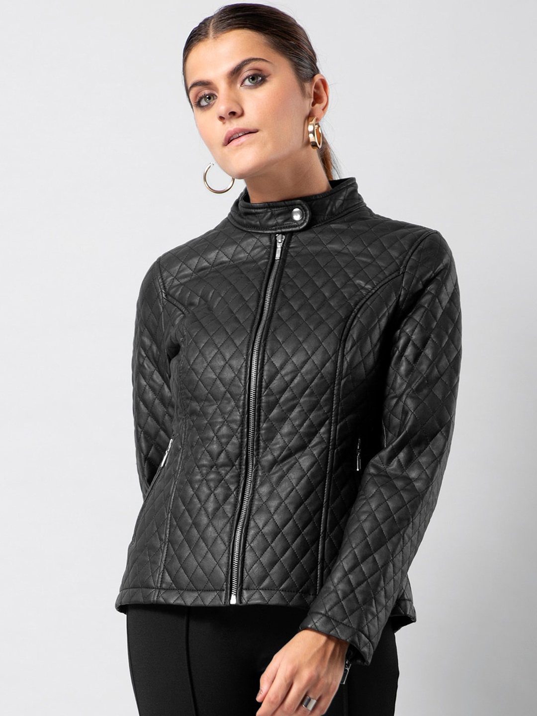 

FabAlley Women Black Self Design Lightweight Biker Jacket