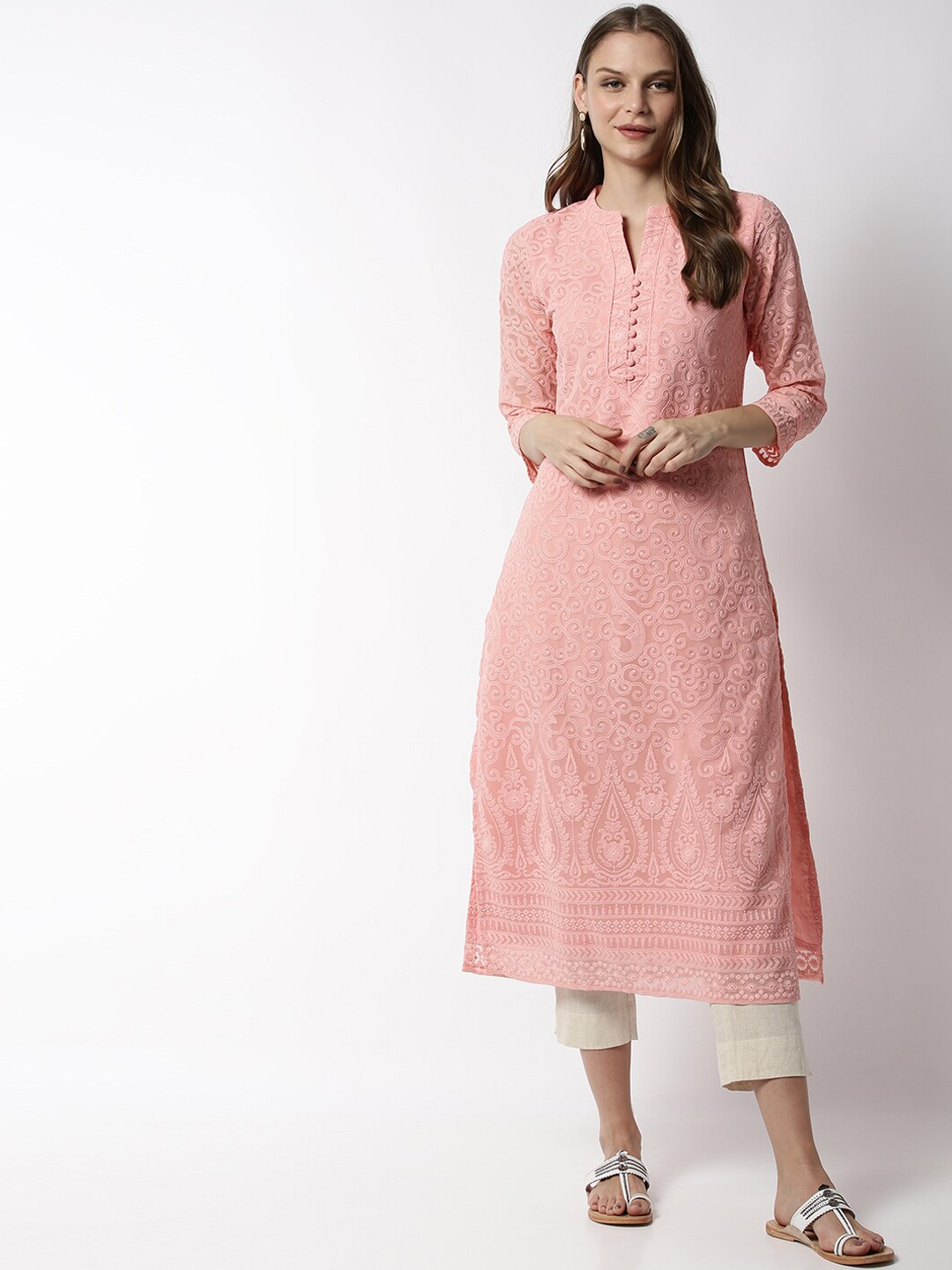 

Soch Women Peach-Coloured Embroidered A-Line Kurta