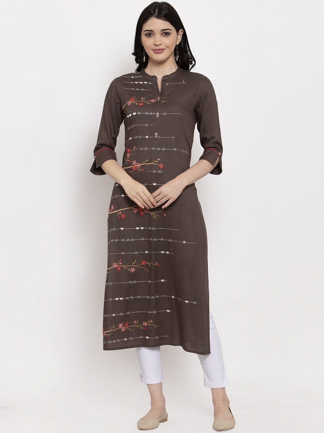 

ANAISA Women Brown Embroidered Straight Kurta