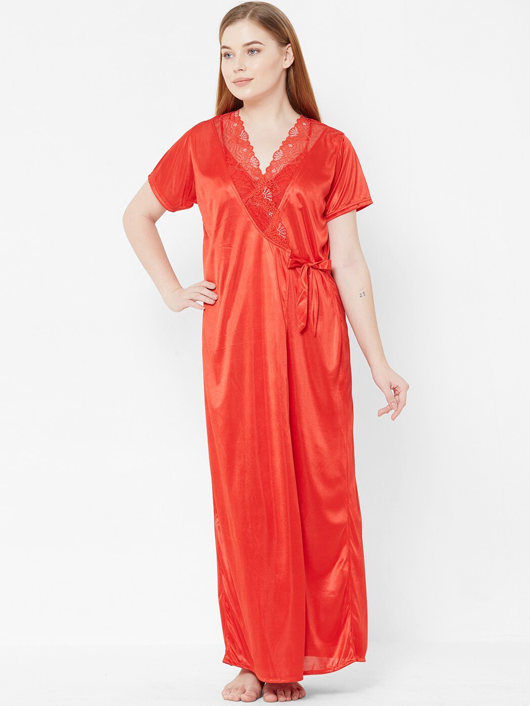 

FashionRack Red Solid Nightdress with Robe