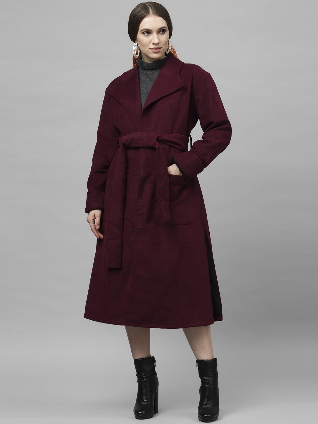 

Athena Women Burgundy Solid Woolen Longline Overcoat
