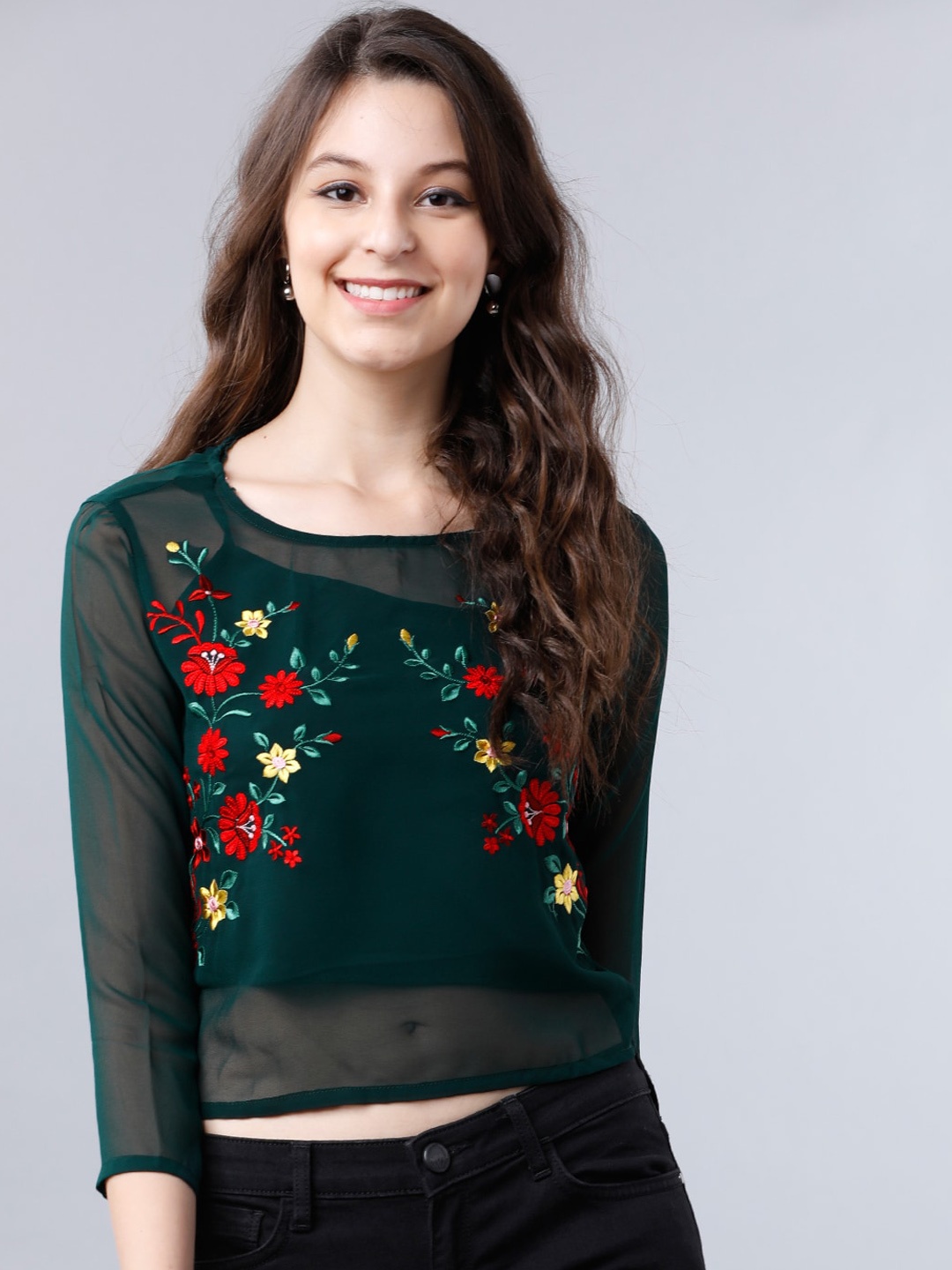 

Tokyo Talkies Women Green Embroidered Crop Top