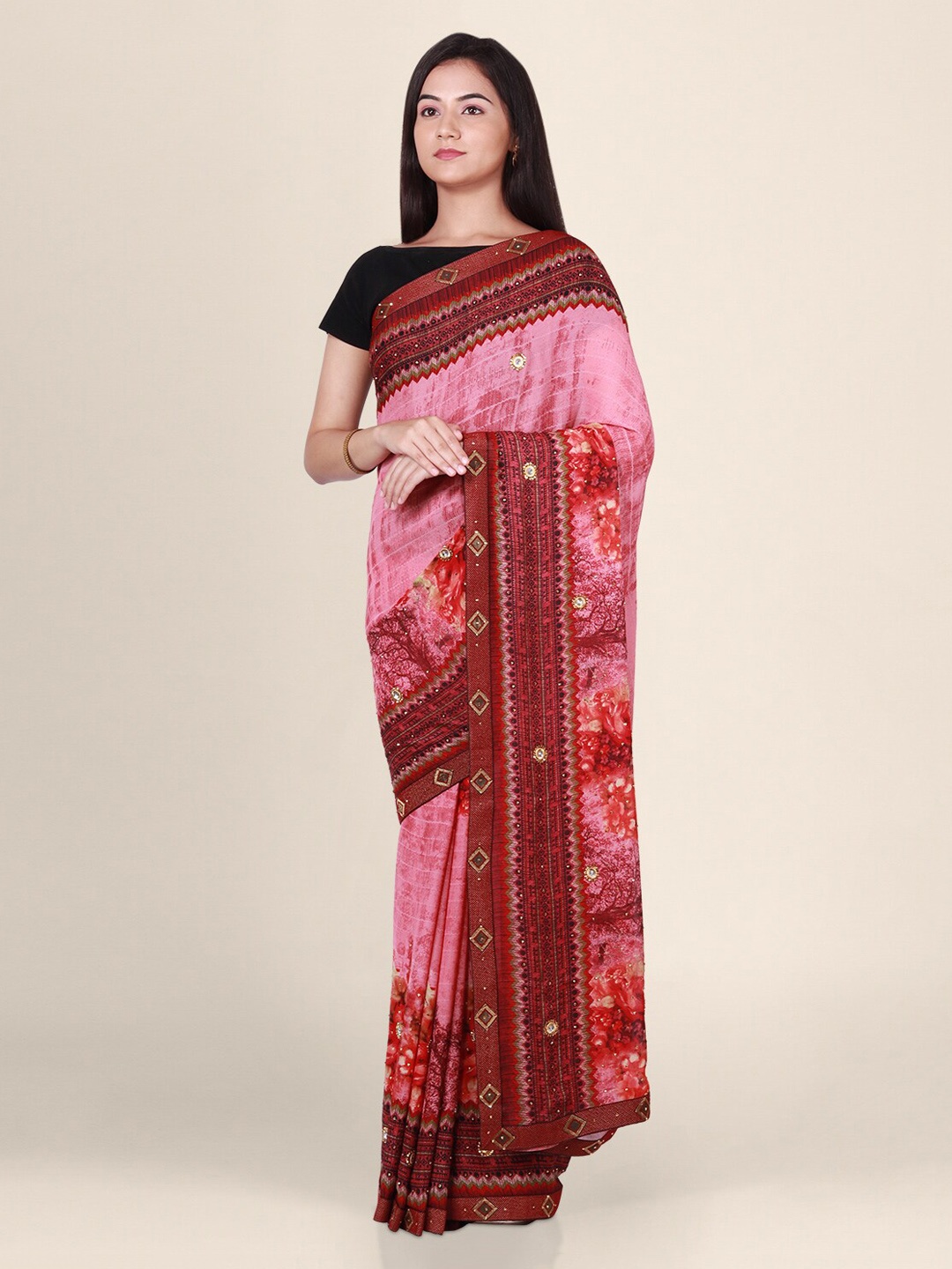 

CLAI WORLD Pink & Maroon Poly Georgette Printed Saree