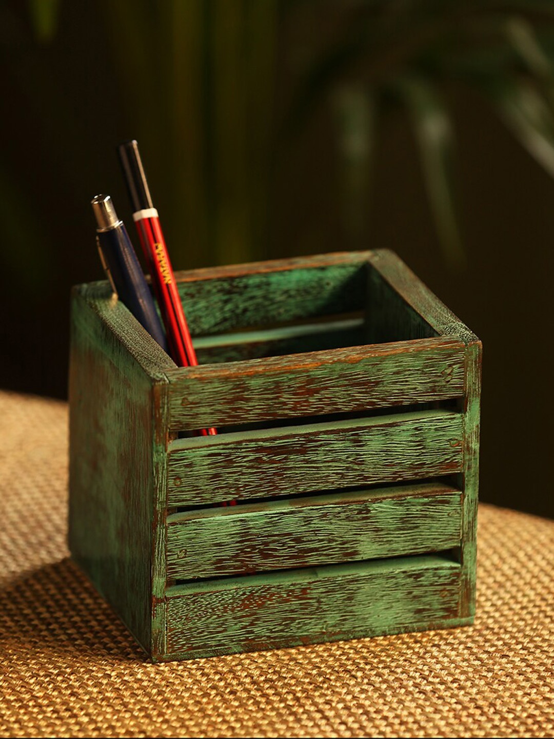 

ExclusiveLane Teal Hand-Painted Mango Wooden Stationery Organiser Cum Cutlery Holder