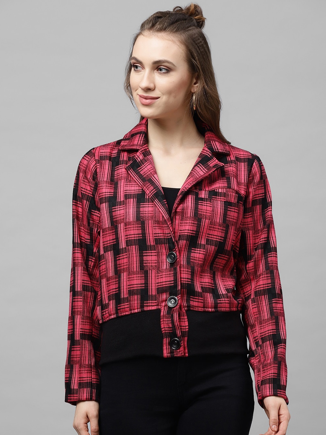 Athena Women Burgundy Check Coat with Rib Detail