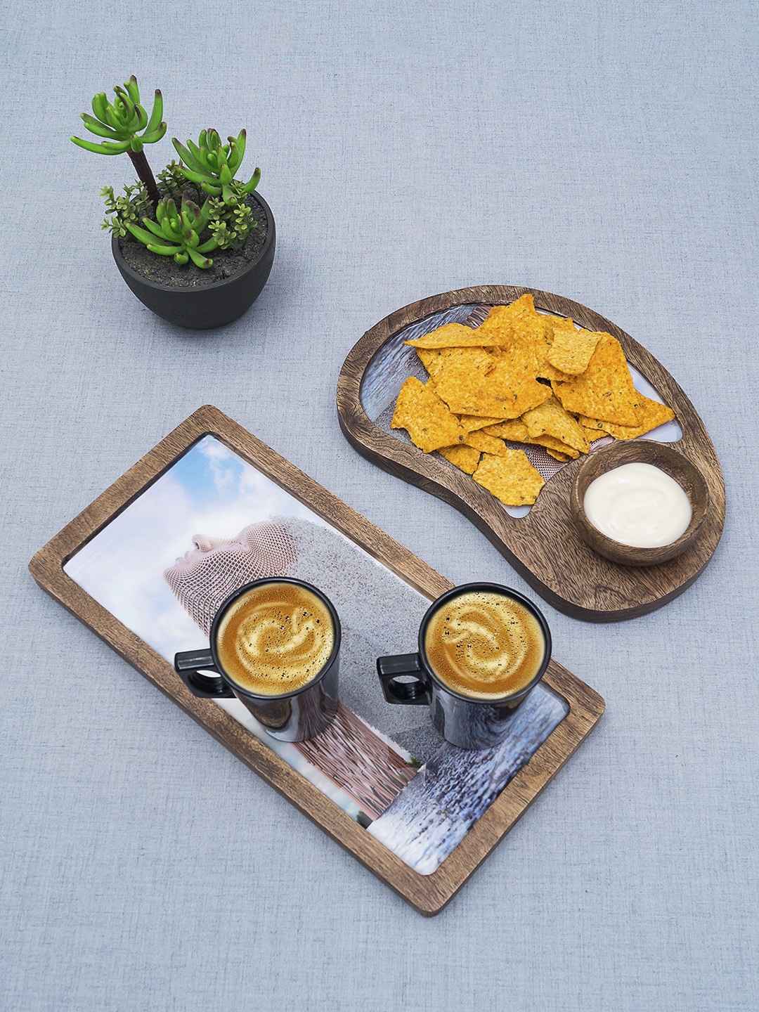 

Golden Peacock Set Of 3 Brown & Blue Printed Wooden Trays With Bowl