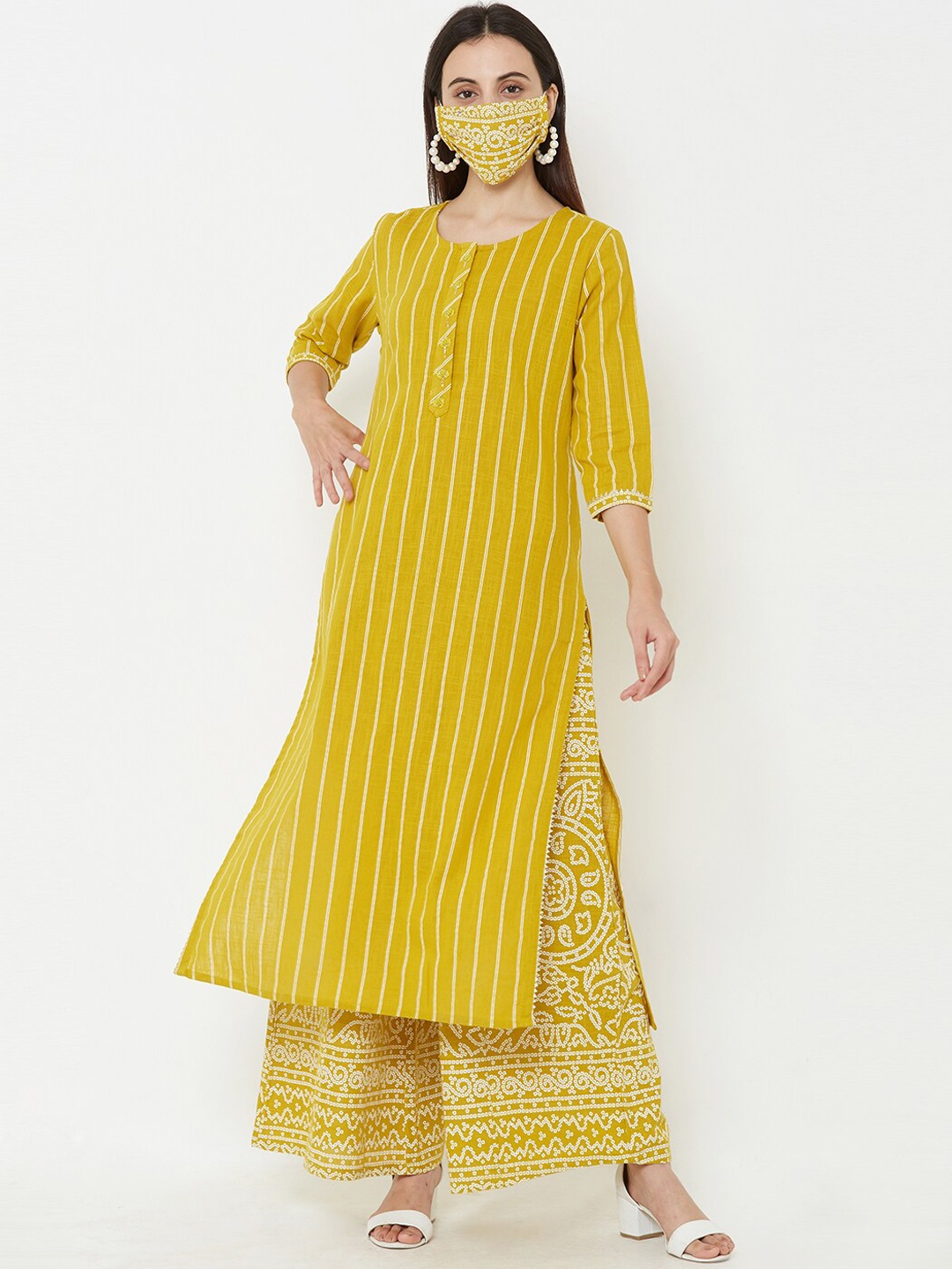 

FASHOR Women Mustard Yellow Striped Kurta with Palazzos