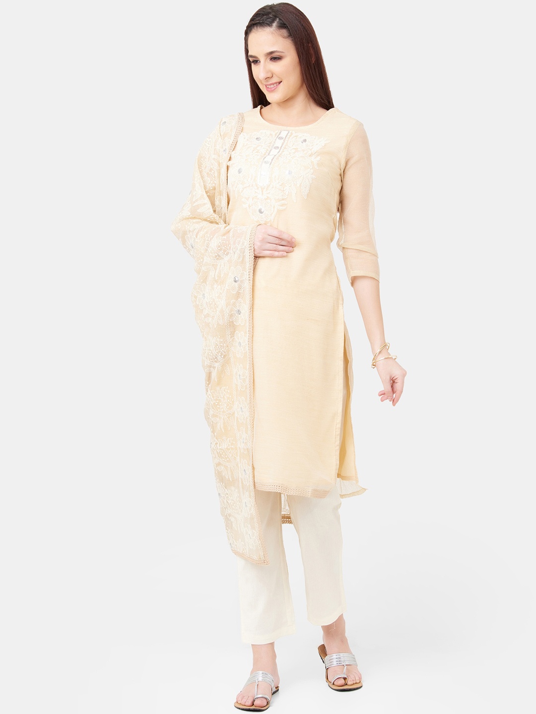 

IMARA Women Beige Embroidered Kurta with Trousers & Dupatta